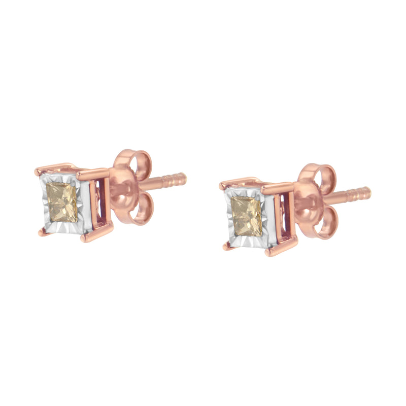 14K Rose Gold Plated Two-Tone .925 Sterling Silver 1/2 Cttw Princess-Cut Square Diamond Solitaire Miracle-Plate Stud Earrings (K-L Color, I2-I3 Clarity)