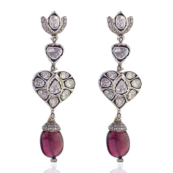 Rose Cut Diamond Tourmaline Gold Sterling Silver Dangle Earrings Jewelry