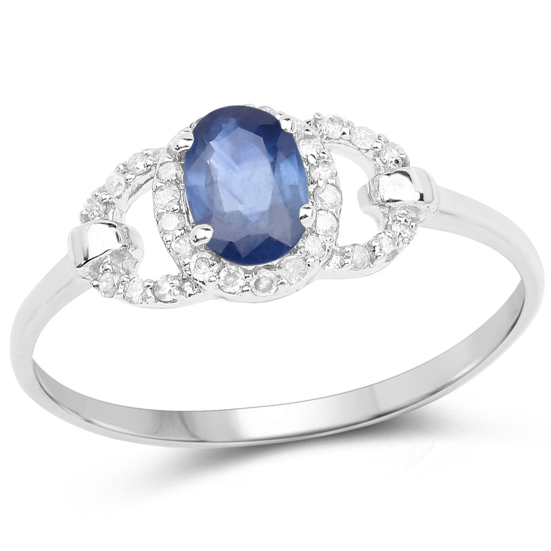 0.60 Carat Genuine Blue Sapphire and White Diamond 10K White Gold Ring