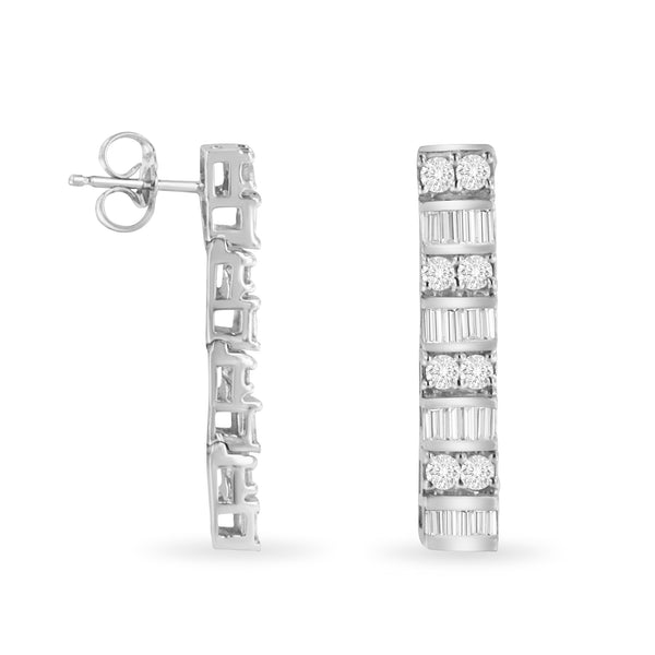 14K White Gold 1 1/3 cttw Round And Baguette Cut Diamond Earrings (H-I, SI2-I1)