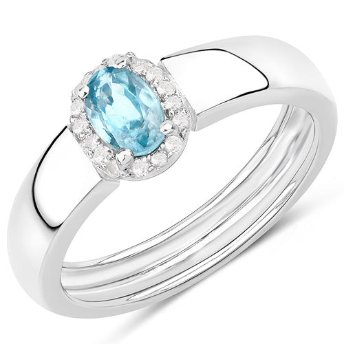 0.68 Carat Genuine Blue Zircon and White Zircon .925 Sterling Silver Ring