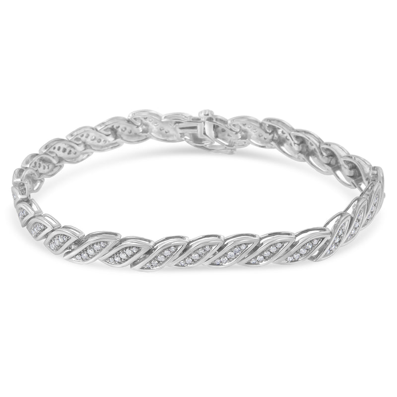 .925 Sterling Silver 1.0 cttw Pave Set Round Diamond Tear Shaped Link Bracelet