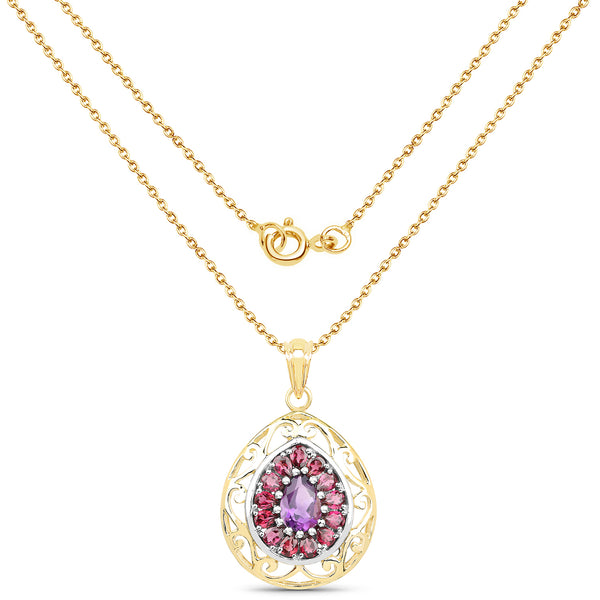 14K Yellow Gold Plated 3.95 Carat Genuine Amethyst & Rhodolite .925 Sterling Silver Pendant