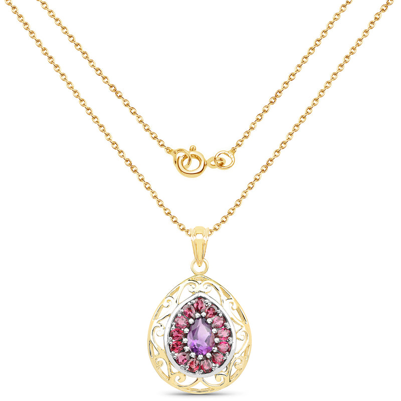 14K Yellow Gold Plated 3.95 Carat Genuine Amethyst & Rhodolite .925 Sterling Silver Pendant
