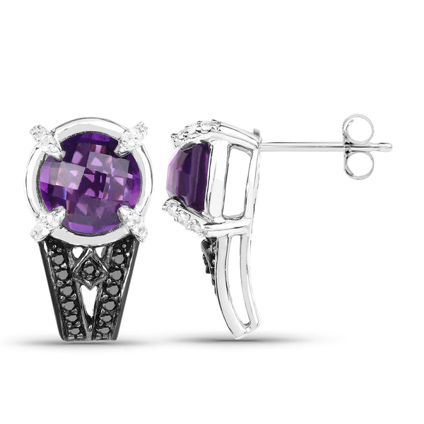 3.61 Carat Genuine Amethyst, Black Diamond and White Diamond .925 Sterling Silver Earrings