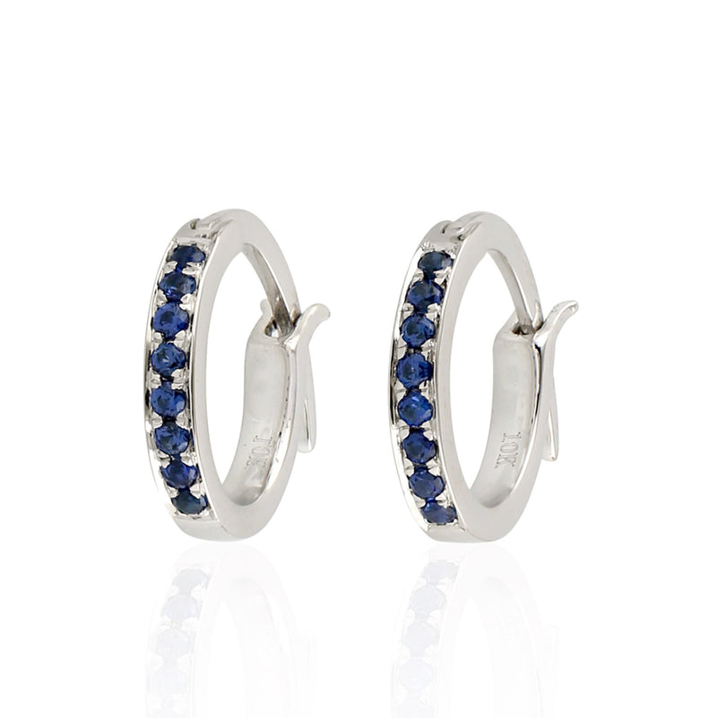 10k White Gold Blue Sapphire Huggie Earrings Gemstone Jewelry