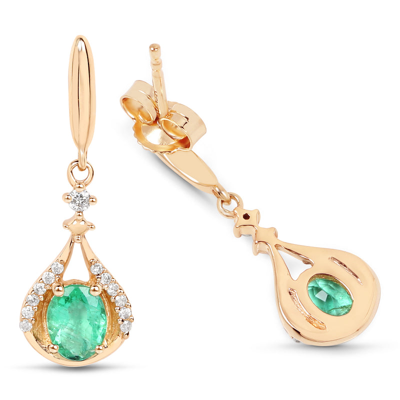 0.70 Carat Genuine Zambian Emerald and White Diamond 14K Yellow Gold Earrings