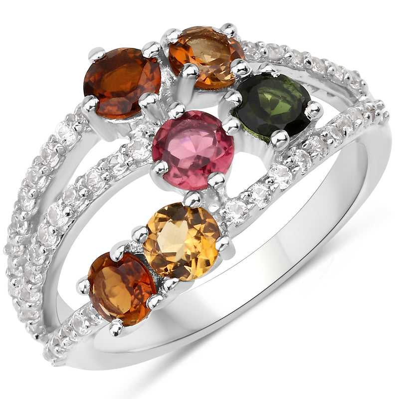 2.21 Carat Genuine Multi Tourmaline and White Zircon .925 Sterling Silver Ring