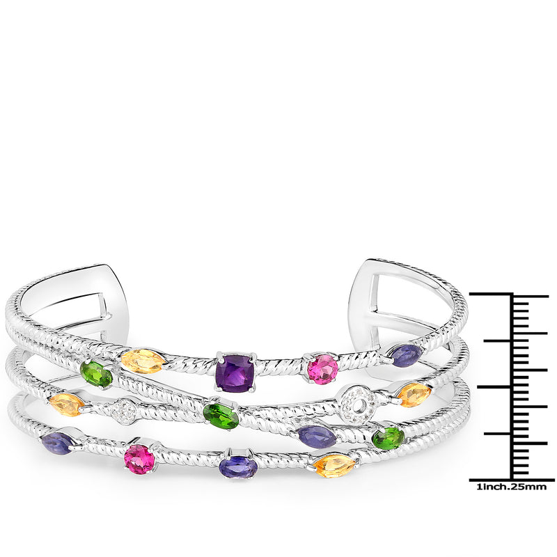 3.66 Carat Genuine Multi Stones .925 Sterling Silver Cuff Bangle