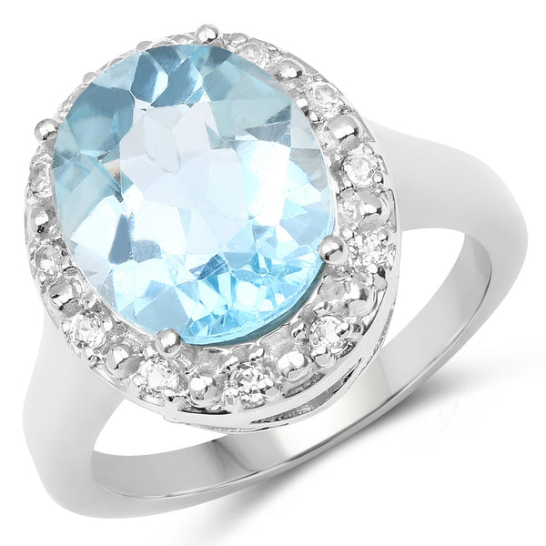 6.11 Carat Genuine Blue Topaz and White Topaz .925 Sterling Silver Ring