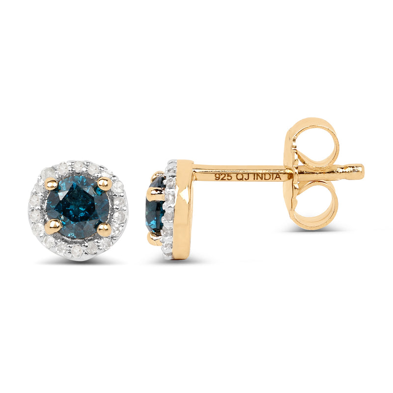 14K Yellow Gold Plated 0.65 Carat Genuine Blue Diamond and White Diamond .925 Sterling Silver Earrings