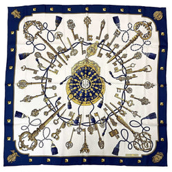 Hermes Scarf Carre 90 Navy White Gold LES CLES Silk 100% HERMES Key Pattern Women's Accessories