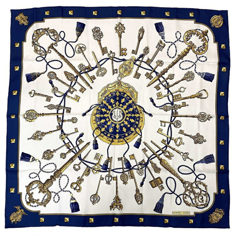 Hermes Scarf Carre 90 Navy White Gold LES CLES Silk 100% HERMES Key Pattern Women's Accessories