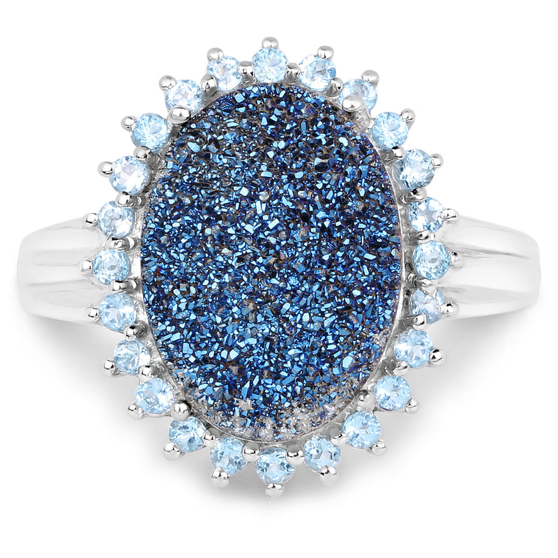 3.68 Carat Genuine Drusy Quartz and Swiss Blue Topaz .925 Sterling Silver Ring