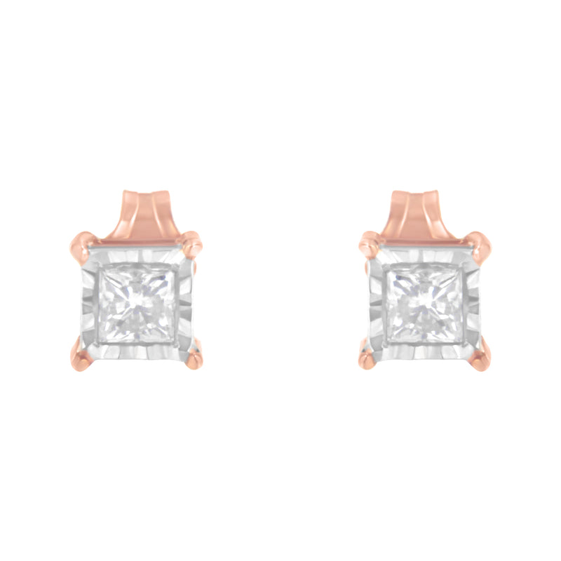 14K Rose Gold Plated Two-Tone .925 Sterling Silver 1/2 Cttw Princess-Cut Square Near Colorless Diamond Solitaire Miracle-Plate Stud Earrings (J-K Color, I2-I3 Clarity)