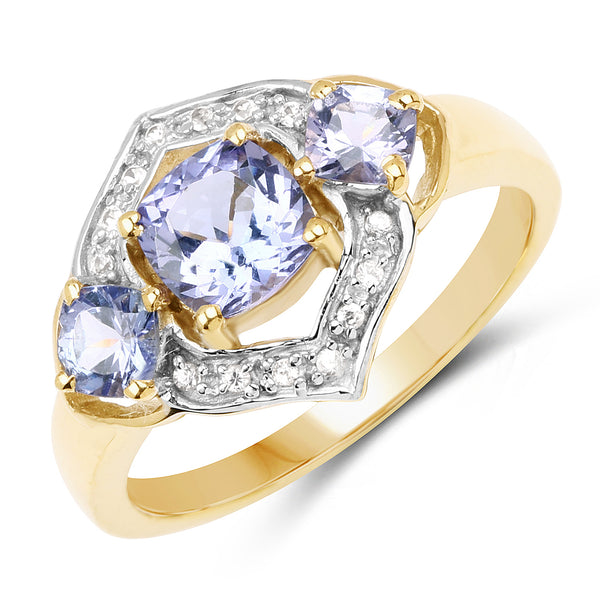 14K Yellow Gold Plated 1.58 Carat Genuine Tanzanite and White Topaz .925 Sterling Silver Ring