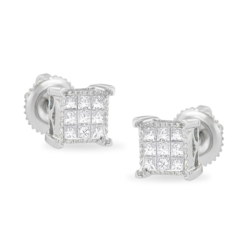 10K White Gold 1/3 Cttw Invisible Set Princess-Cut Diamond 18 Stone Composite Stud Earrings with Screwbacks (I-J Color, SI2-I1 Clarity)