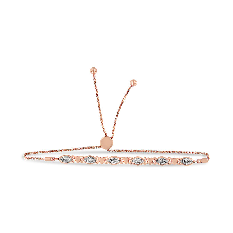 14K Rose Gold Plated .925 Sterling Silver Diamond Accent Alternating Marquise Shape and Heart Links Bolo Bracelet (I-J Color, I3 Clarity) - Adjustable 6" to 9"