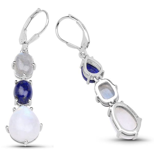 10.17 Carat Genuine Lapis, Labradorite and White Rainbow Moonstone .925 Sterling Silver Earrings