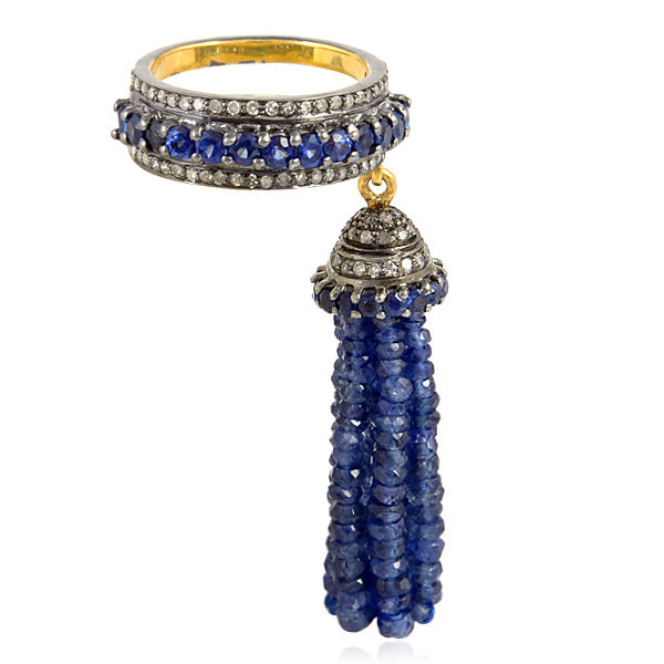 18.7 ct Sapphire Diamond 18 kt Gold 925 Sterling Silver Tassel Band Ring Jewelry