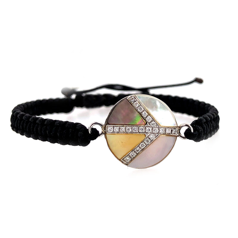 18k White Gold Pave Diamond Gemstone Peace Sign Macrame Bracelet Jewelry