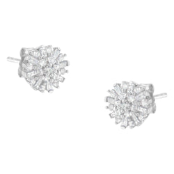 .925 Sterling Silver 1/2 Round and Baguette Diamond Sunburst Floral Cluster Stud Earrings (I-J Color, I3 Clarity)