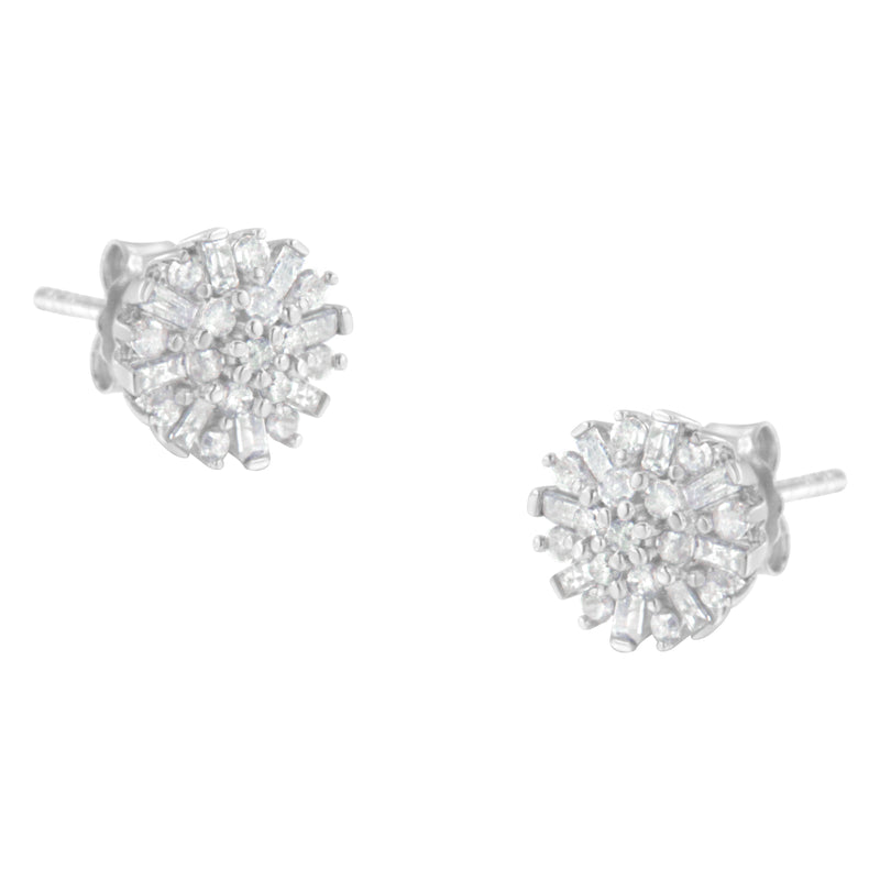 .925 Sterling Silver 1/2 Round and Baguette Diamond Sunburst Floral Cluster Stud Earrings (I-J Color, I3 Clarity)