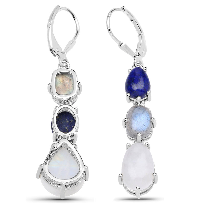 10.17 Carat Genuine Lapis, Labradorite and White Rainbow Moonstone .925 Sterling Silver Earrings