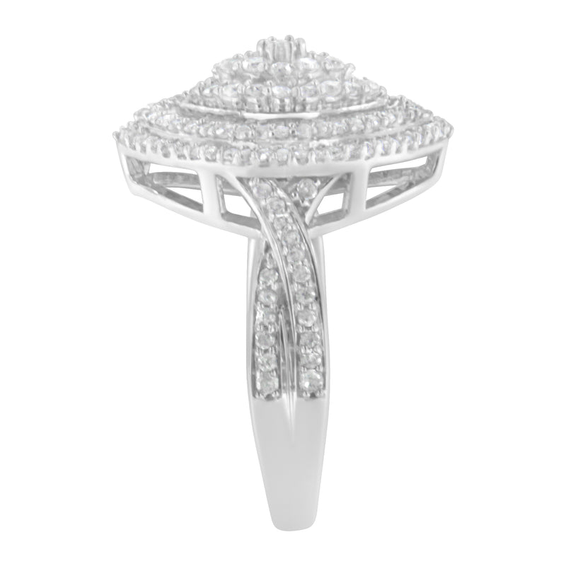 .925 Sterling Silver 1.0 Cttw Round & Baguette-Cut Diamond Marquise-Shaped Cluster Triple Stepped Halo Cocktail Fashion Ring (I-J Color, I2-I3 Clarity) - Size 6