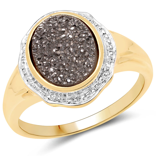 14K Yellow Gold Plated 4.50 Carat Genuine Drusy Quartz .925 Sterling Silver Ring