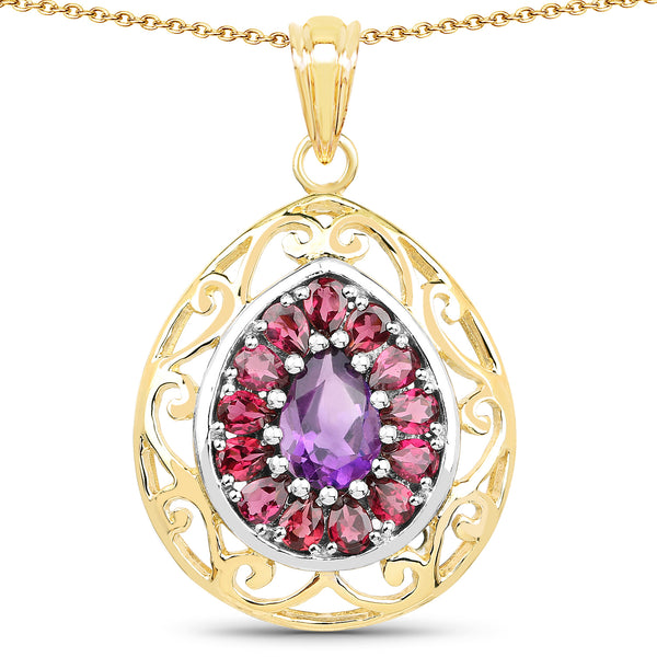 14K Yellow Gold Plated 3.95 Carat Genuine Amethyst & Rhodolite .925 Sterling Silver Pendant