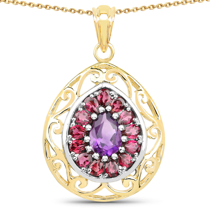 14K Yellow Gold Plated 3.95 Carat Genuine Amethyst & Rhodolite .925 Sterling Silver Pendant