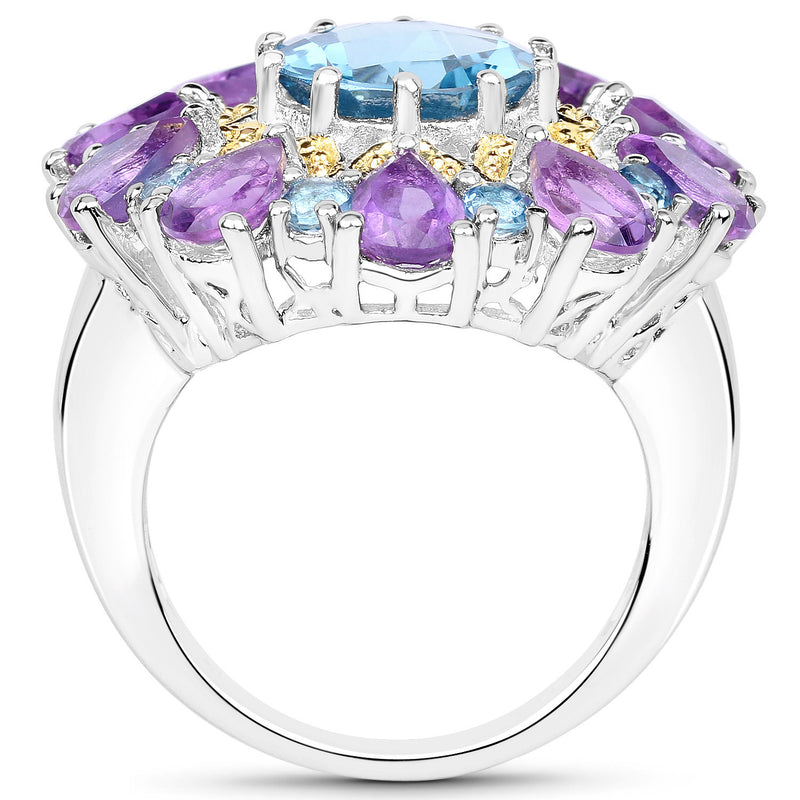 8.86 Carat Genuine London Blue Topaz and Amethyst .925 Sterling Silver Ring