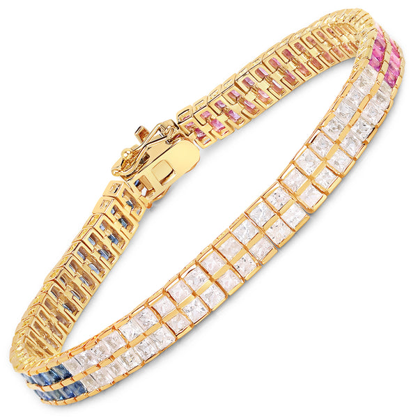 14K Yellow Gold Plated 9.52 Carat Genuine Blue Sapphire and White Sapphire .925 Sterling Silver Bracelet