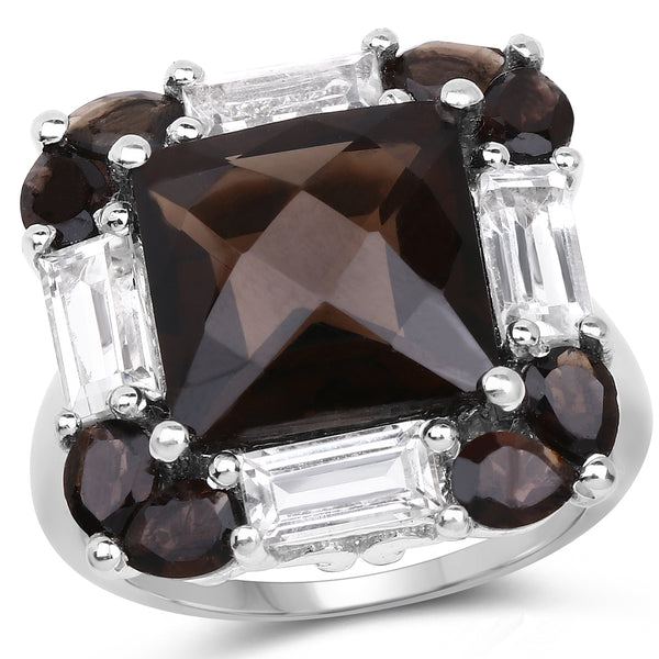 7.43 Carat Genuine Smoky Quartz & White Topaz .925 Sterling Silver Ring