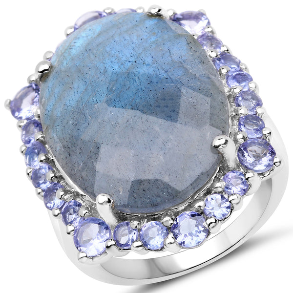 13.99 Carat Genuine Labradorite and Tanzanite .925 Sterling Silver Ring