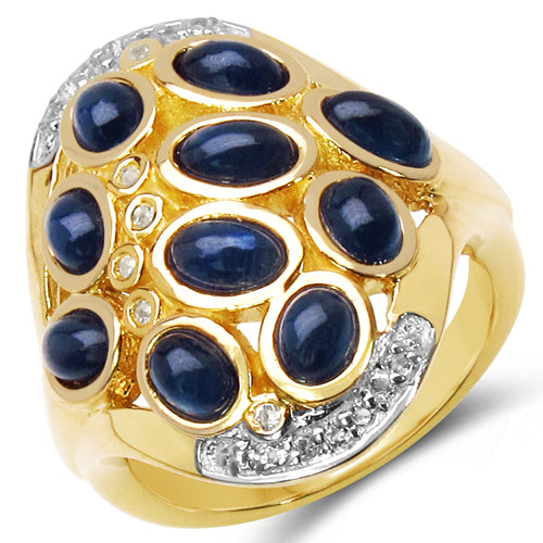 14K Yellow Gold Plated 3.86 Carat Genuine Sapphire & White Topaz .925 Sterling Silver Ring