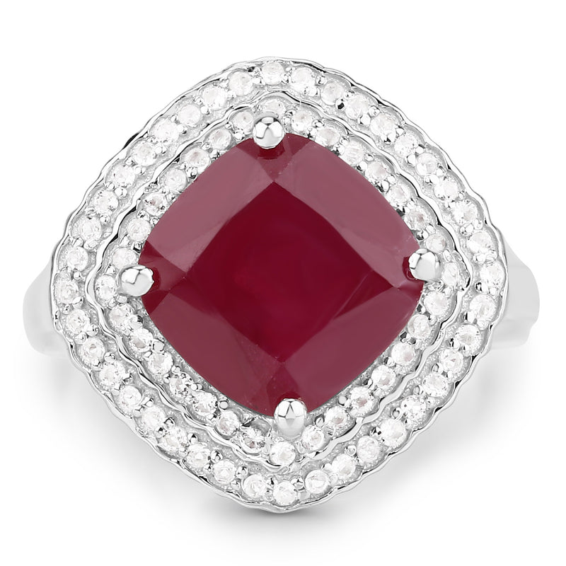 5.86 Carat Glass Filled Ruby and White Topaz .925 Sterling Silver Ring