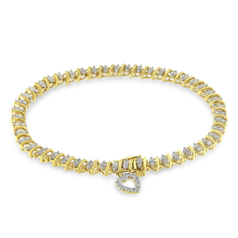 10K Yellow Gold over .925 Sterling Silver 2.0 Cttw Diamond Heart Charm 7" Link Bracelet (I-J Color, I3 Clarity)