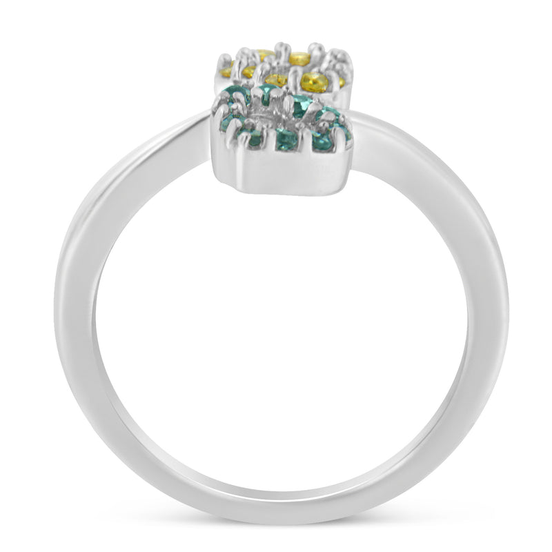 10k White Gold 1/4ct TDW Treated Blue and Yellow Round Diamond Heart Ring(I2-I3)