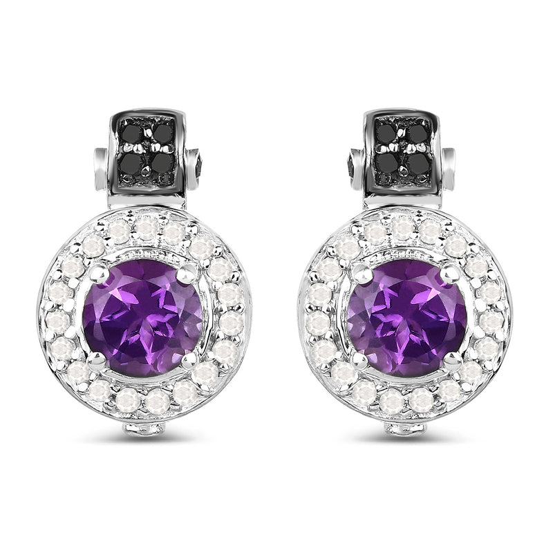 2.29 Carat Genuine Amethyst, Black Diamond and White Diamond .925 Sterling Silver Earrings