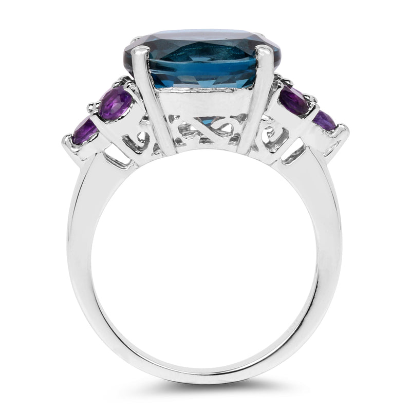 6.60 Carat Genuine London Blue Topaz & Amethyst .925 Sterling Silver Ring