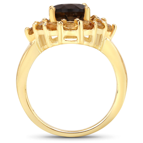 14K Yellow Gold Plated 4.50 Carat Genuine Smoky Quartz & Citrine Brass Ring