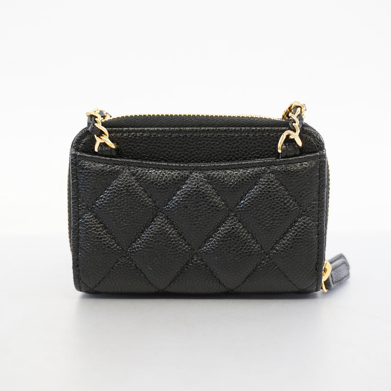 Auth Chanel Chain Wallet Matrasse Caviar Skin Black Gold Metal