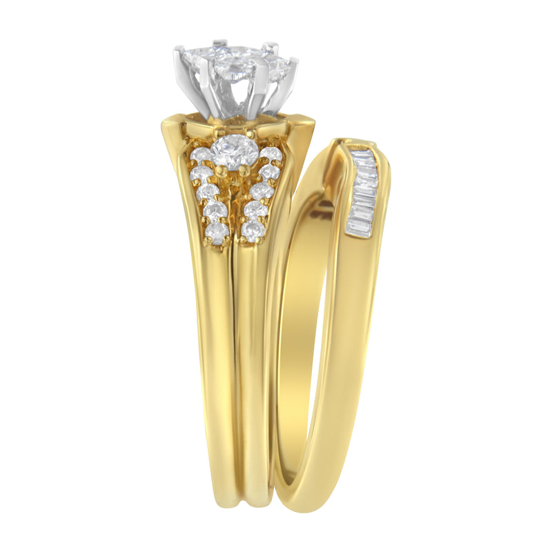 14K Yellow and White Gold 1ct TDW Marquise Diamond Shaped Engagement Ring Set (H-ISI2-I1)