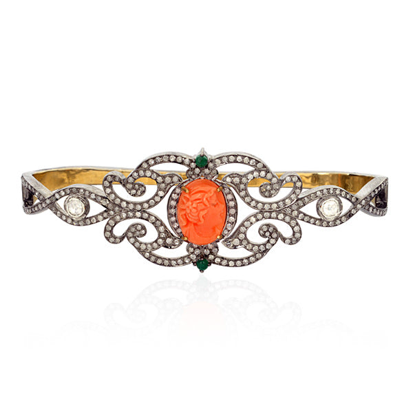 Pave Diamond Gold Sterling Silver Coral Emerald Palm Bracelet Carving Jewelry