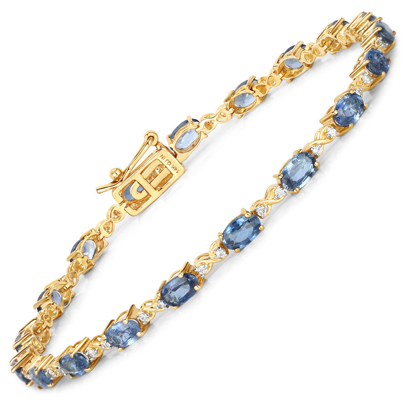 4.43 Carat Genuine Blue Sapphire and White Diamond 14K Yellow Gold Bracelet