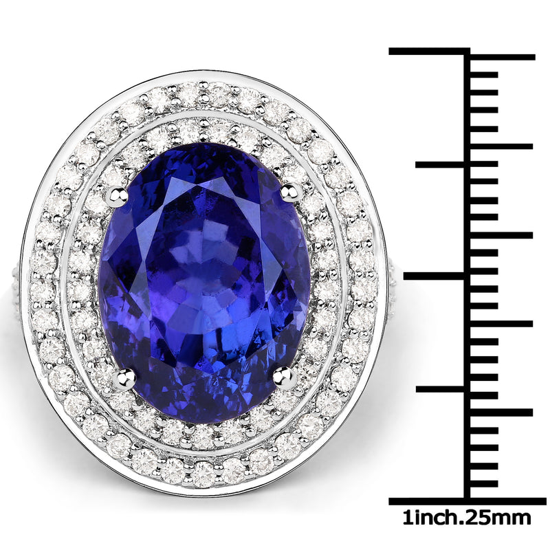 13.78 Carat Genuine Tanzanite and White Diamond 18K White Gold Ring