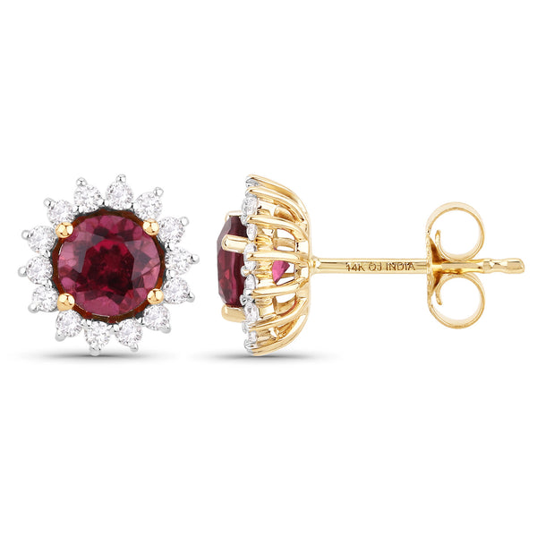 1.24 Carat Genuine Rubellite and White Diamond 14K Yellow Gold Earrings