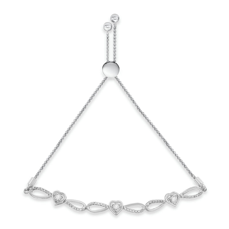 .925 Sterling Silver Diamond Accent Heart and Infinity 4”-10” Adjustable Bolo Bracelet (I-J Color, I3 Clarity)